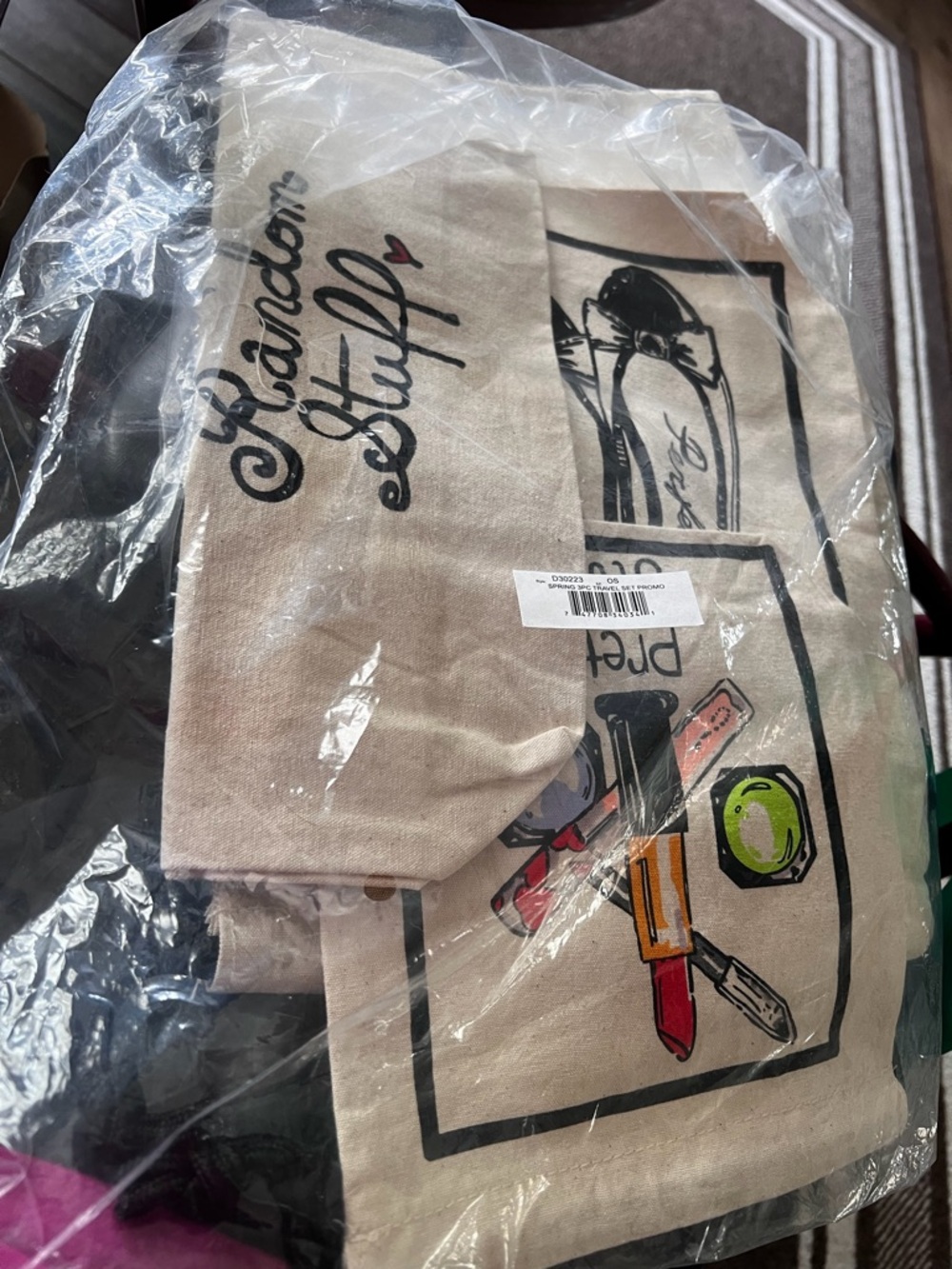 Brighton Canvas Tote with Black Script and Multicolor Makeup Print